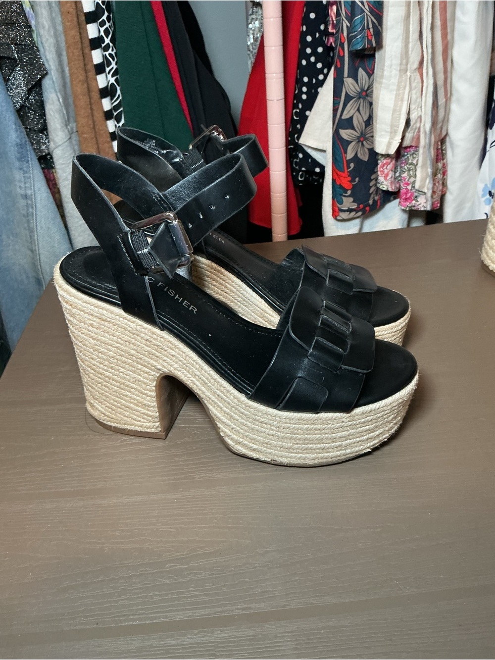 Black Leather Platform Espadrille Sandals - Picture 2 of 9